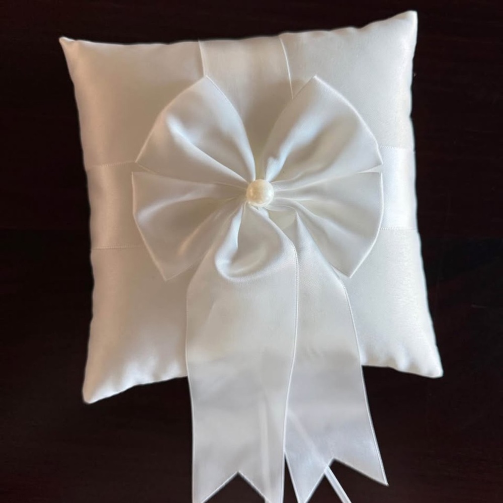 Elegant White Satin Bow Ring Bearer Pillow
